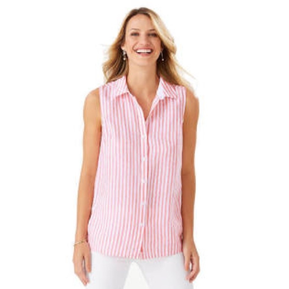 Tommy Bahama Cabana Stripe shirt sleeveless button down sz L pink and white NWT